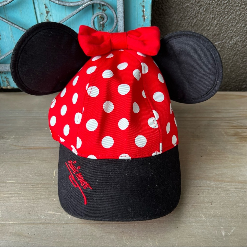 Disneyland Parks Minnie Mouse Hat Youth Ears Bow Polka Dot Snap Back Red Black